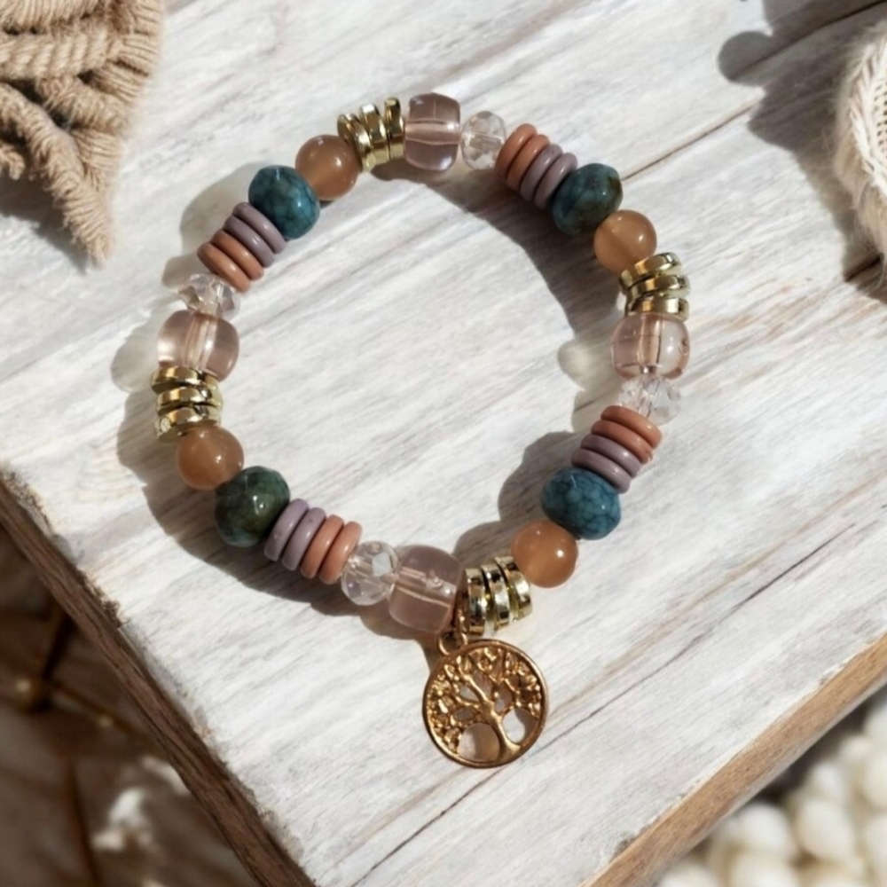 Multi-color beads gold tone Tree of Life Charm Stretch Bracelet